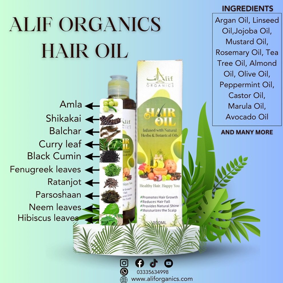 Alif Organics Natural Hair Oil | Infused with Herb & Botanical Oils | Promotes Growth & Reduces Hair Fall | 200ML preview 3